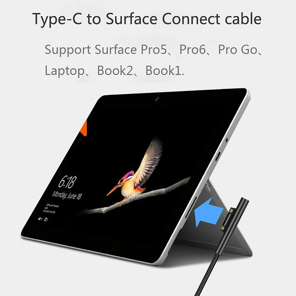 Microsoft Surface Pro 7 6 5 4 3 ve Surface Go Uyumlu USB C Tip C Erkek Güç Adaptörü Şarj Kablosu Siyah 1.5 Metre - 6