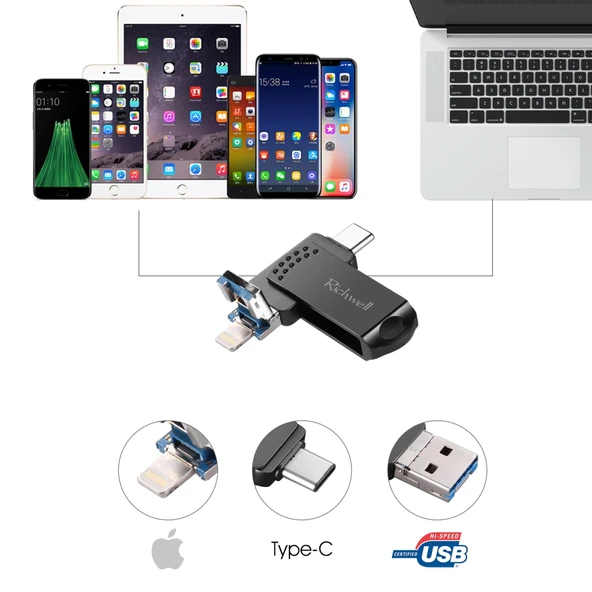 Richwell 32GB Metal USB Flash Bellek Type-C 8 Pin USB 30 OTG Fonksiyonlu Gri - 5