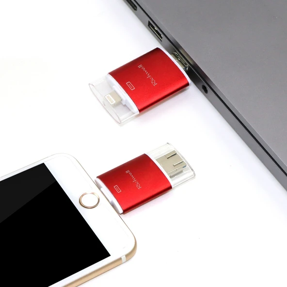 Richwell 3 in 1 64GB Metal Çift Kapaklı USB Flash Bellek Type-C 8 Pin USB 3.0 OTG Fonksiyonlu Gri - 3