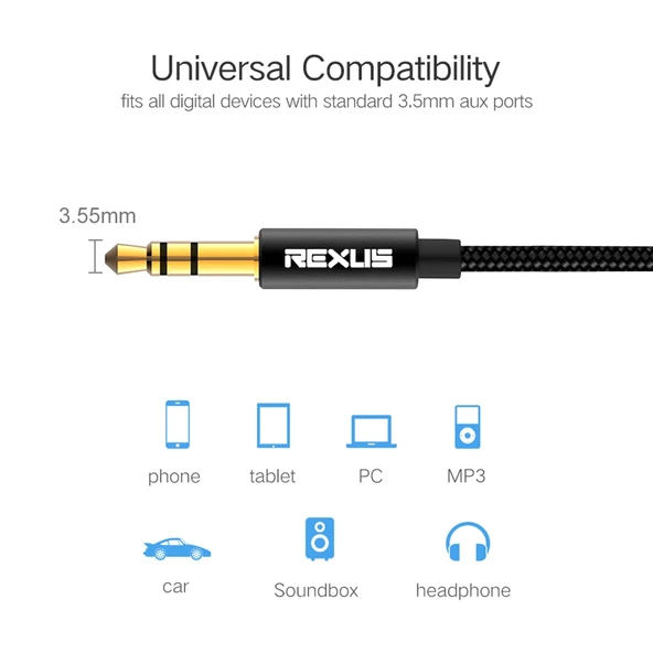 REXLIS 3629 3.5mm Erkek Erkek Araç Stereo Altın Kaplama AUX Ses Kablosu 1.8 Metre - 4