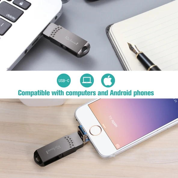 Richwell 32GB Metal USB Flash Bellek Type-C 8 Pin USB 30 OTG Fonksiyonlu Gri - 9