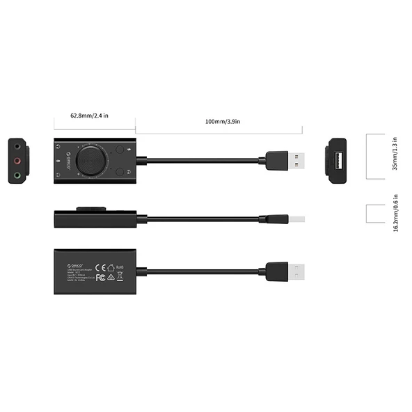 ORICO SC2 Çok Fonksiyonlu USB Harici Sürücüsüz Ses Kartı 2 Kulaklık Girişi 1 Mikrofon Girişi ve Ses Ayarı Siyah - 5