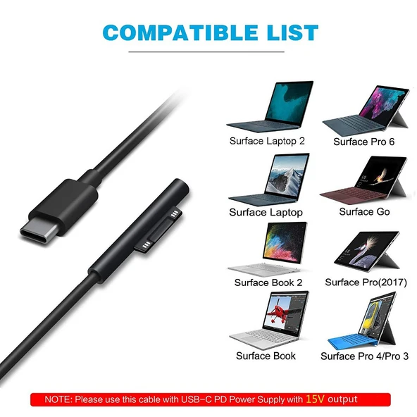 Microsoft Surface Pro 7 6 5 4 3 ve Surface Go Uyumlu USB C Tip C Erkek Güç Adaptörü Şarj Kablosu Siyah 1.5 Metre - 5