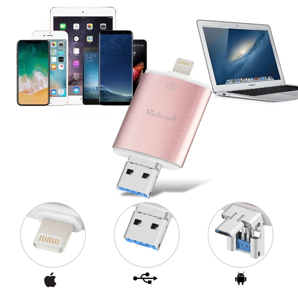 Richwell 3 in 1 64GB Metal USB Flash Bellek Type-C 8 Pin USB 30 Siyah - 8