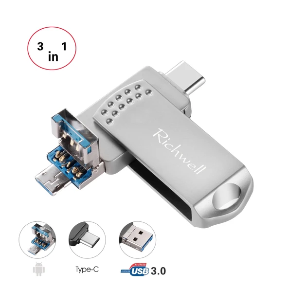 Richwell 3 in 1 128GB Metal Flash Bellek Type-C Micro USB USB 30 OTG Fonksiyonlu Gri