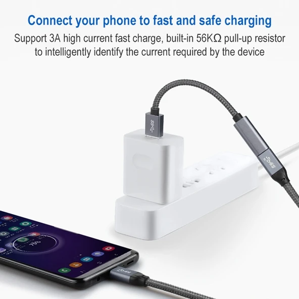 USB 3.0 Erkekten USB-C Dişiye Uzatma Kablosu - Alüminyum Kasa - 5Gbps Hız - 4