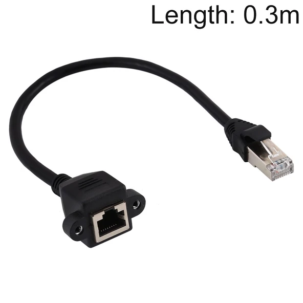 RJ45 Dişi Erkek CATE5 Ağ Panel Montajlı Vida Kilitli Uzatma Kablosu 0.3 Metre Siyah