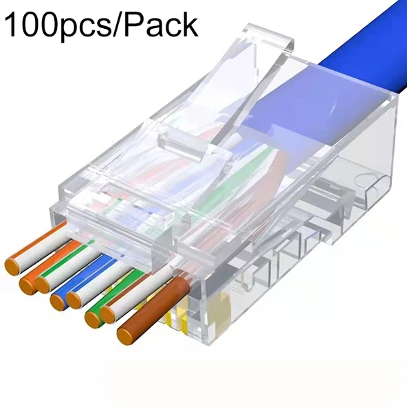 100 Adet Cat6e Korumalı Olmayan Pass Through RJ45 Konnektör Modüler Fiş