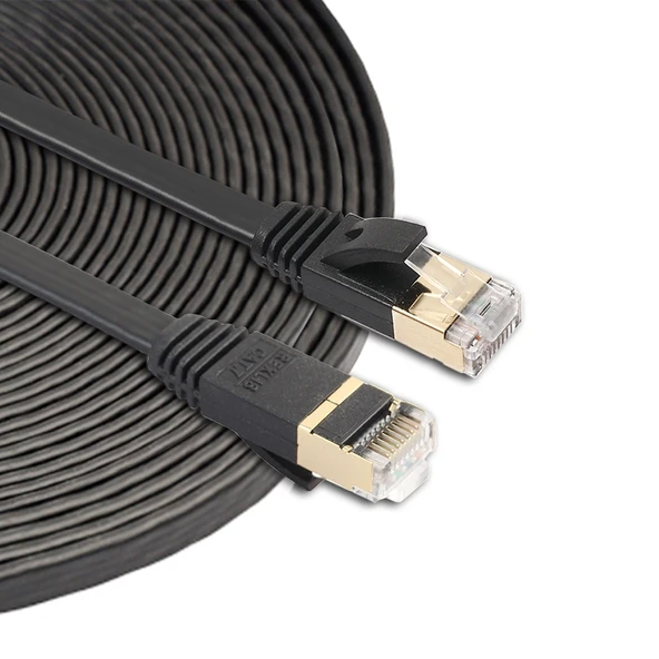10 Metre CAT7 10 Gigabit Ethernet Ultra İnce Patch Kablosu Siyah Korumalı RJ45 Konnektörlü
