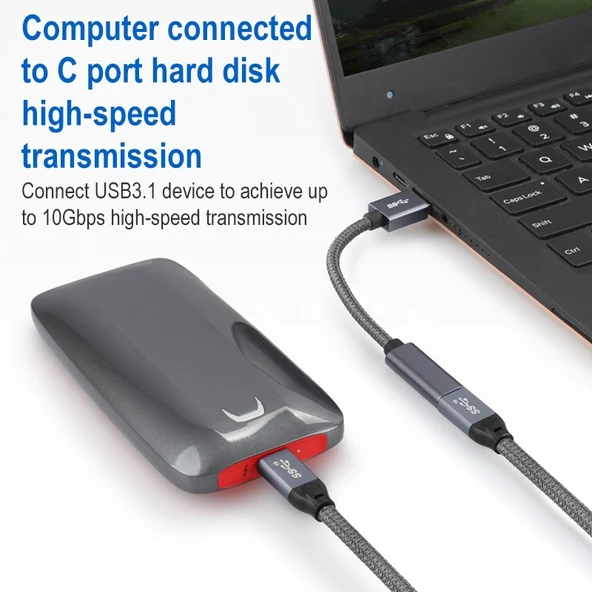 USB 3.0 Erkekten USB-C Dişiye Uzatma Kablosu - Alüminyum Kasa - 5Gbps Hız - 3