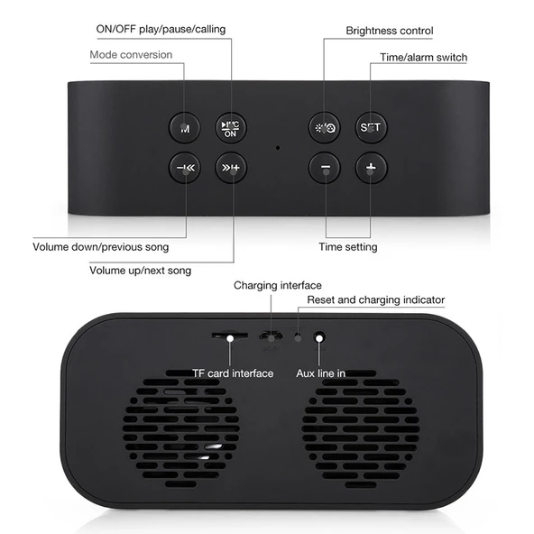 AEC BT501 Bluetooth 50 Mini Hoparlor LED Alarm Saat Dijital Ayna Siyah - 3