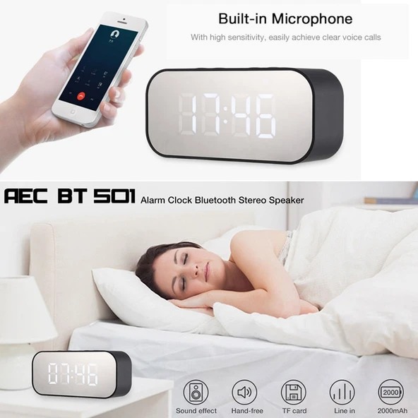 AEC BT501 Bluetooth 50 Mini Hoparlor LED Alarm Saat Dijital Ayna Siyah - 9