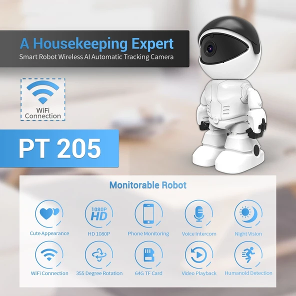ESCAM PT205 HD 1080P Robot WiFi IP Kamera Hareket Algılama Gece Görüşü 10m IR Mesafe EU Priz - 7