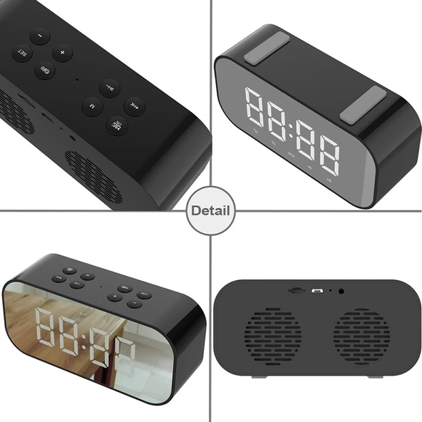AEC BT501 Bluetooth 50 Mini Hoparlor LED Alarm Saat Dijital Ayna Siyah - 6