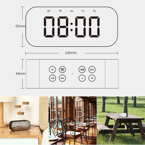 AEC BT501 Bluetooth 50 Mini Hoparlor LED Alarm Saat Dijital Ayna Siyah - 7