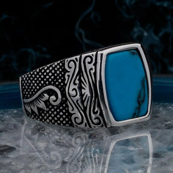 Mavi Turkuaz Taşlı Desenli 925 Ayar Gümüş Erkek Yüzük ürün görseli 1