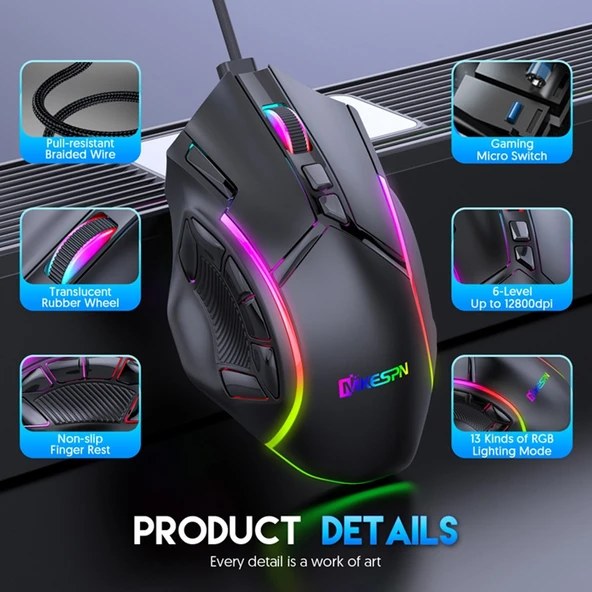 MKESPN X15 Kablolu RGB Aydınlatmalı 12800 DPI 12 Tuşlu Makro Oyuncu Mouse - 7