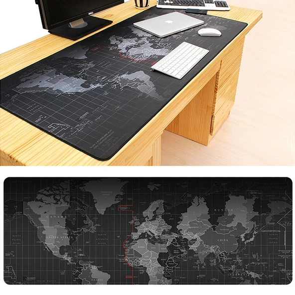 Dünya Haritası Desenli Büyük Kaymaz Kauçuk Kumaş Oyun Mouse Pad Klavye Matı 70x30cm