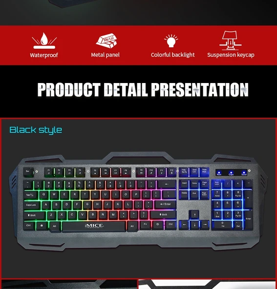 iMICE AK400 USB Kablolu 104 Tuşlu Renkli Arkadan Aydınlatmalı Oyun Klavyesi Siyah - 4