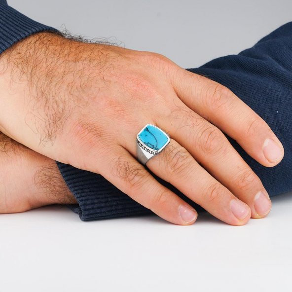 Mavi Turkuaz Taşlı Desenli Düz Parlak Gümüş Erkek Yüzük - Resim 2