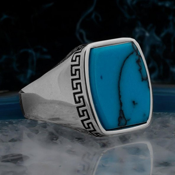 Mavi Turkuaz Taşlı Desenli Düz Parlak Gümüş Erkek Yüzük ürün görseli 1