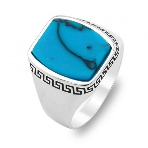 Mavi Turkuaz Taşlı Desenli Düz Parlak Gümüş Erkek Yüzük - Resim 3