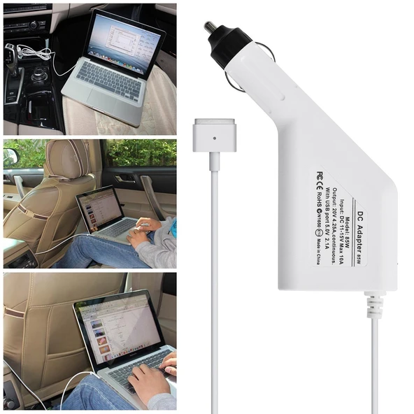 85W 20V 4.25A 5 Pin T Tipi MagSafe 2 Araç Şarj Cihazı 1 USB Portlu Apple Macbook A1398 A1424 MC975 MC976 ME664 ME665 Uyumlu Beyaz 1.7m - 7
