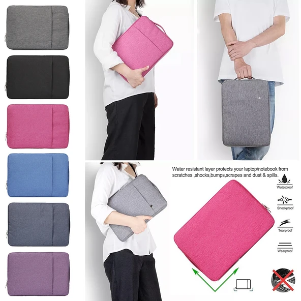 15 4 Inç Evrensel Gri Denim Laptop Çantası Fermuarlı MacBook Air Pro Lenovo Uyumlu - 7