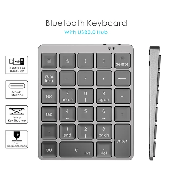 N970 Pro Çift Modlu Alüminyum Şarjlı Kablosuz Bluetooth Sayısal Klavye USB HUB Gri - 3