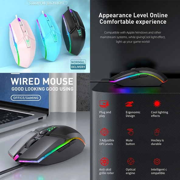 S700 Renkli Işıklı USB Kablolu Ofis ve Oyun Mouse Siyah - 4