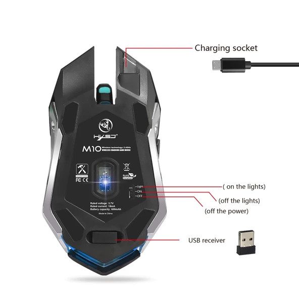 HXSJ M10 Kablosuz 2.4GHz 6 Tuşlu USB Şarjlı Renkli Işıklı Ergonomik 2400DPI Optik Oyun Mouse - 3