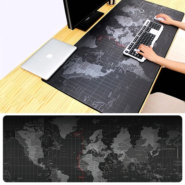 Dünya Haritası Desenli Büyük Kaymaz Kauçuk Yumuşak Kumaş Oyun Mouse Pad Klavye Matı 60x30cm - 6