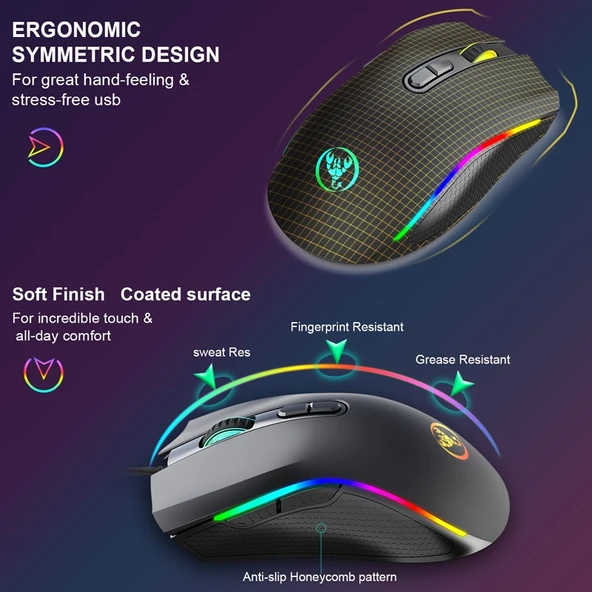 HXSJ A869 RGB Type-C Kablolu Oyuncu Mouse 7200 DPI 6 Mod Ayarlanabilir 7 Tuş - 7
