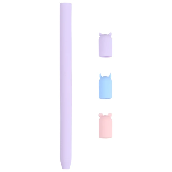 Apple Pencil 1 Uyumlu Mor Silikon Koruyucu Kılıf 4 in 1 Karikatür Hayvan Desenli