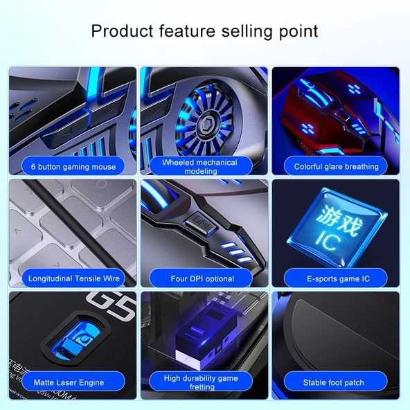 YINDIAO G5 Kablolu Siyah RGB Işıklı Sessiz 6 Tuşlu 3200 DPI Ayarlanabilir Oyun Mouse - 8