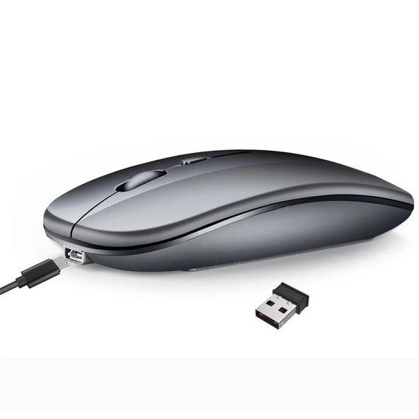 HXSJ M90 Gri İnce Sessiz Şarjlı Çift Modlu Kablosuz Bluetooth Notebook PC Mouse - 2