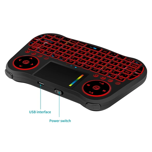 MT08 2.4GHz Mini Kablosuz Hava Mouse QWERTY Klavye Renkli Arka Işık Dokunmatik Yüzey Multimedya Kontrol Siyah - 5