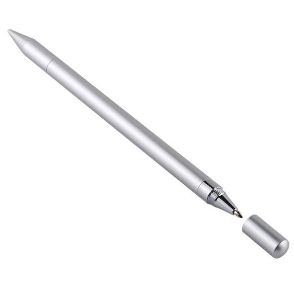2'si 1 Arada Metal Tükenmez Kalem ve Kapasitif Dokunmatik Ekran Stylus Kalem Gümüş - 3