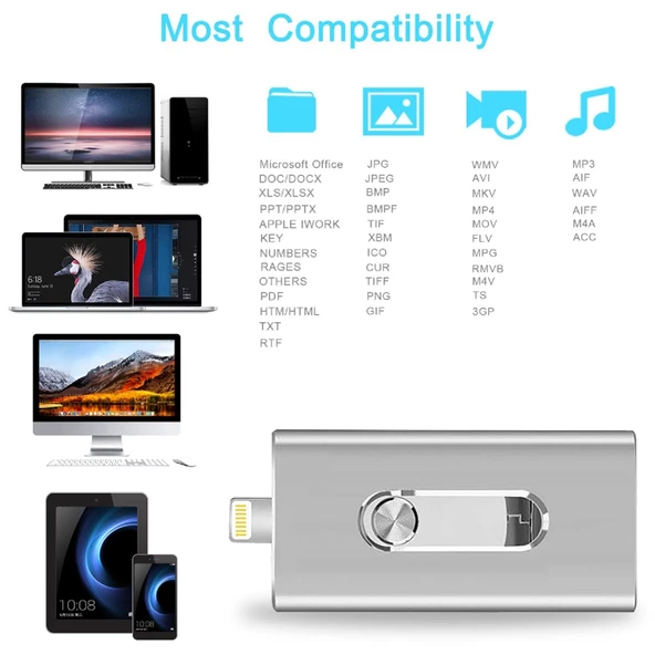 RQW 02 Altın Renk 3 in 1 USB 2.0 8 Pin ve Micro USB 64GB Flash Bellek - 6