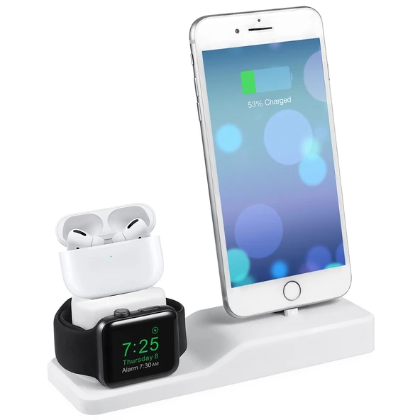 3 in 1 Silikon Şarj Standı AirPods Pro Apple Watch ve iPhone için Beyaz