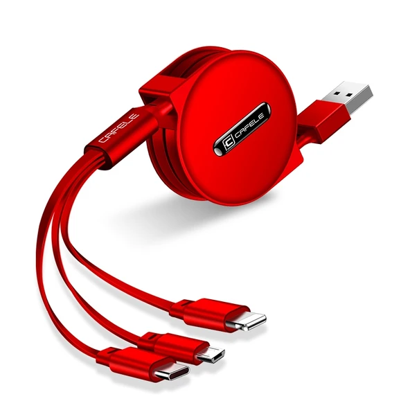 Cafele 3 in 1 Şarj ve Data Kablosu 8 Pin Micro USB Type C USB C Kırmızı 1.2 Metre