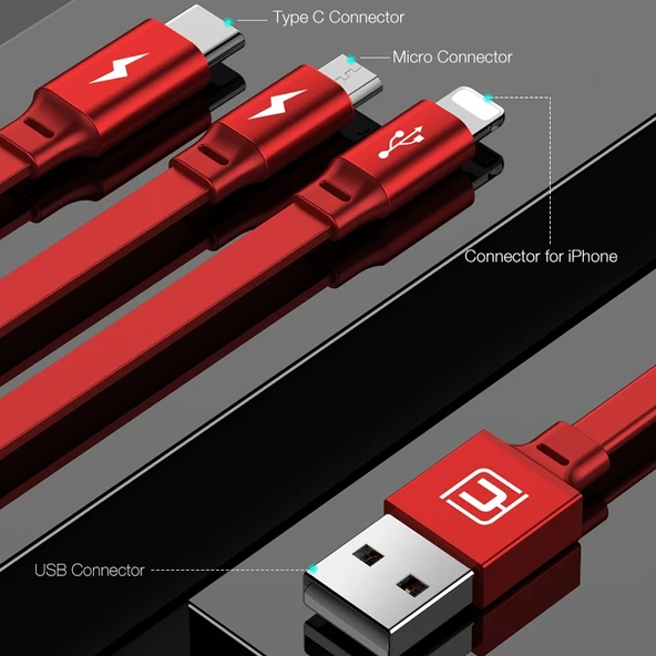 Cafele 3 in 1 Şarj ve Data Kablosu 8 Pin Micro USB Type C USB C Kırmızı 1.2 Metre - 12