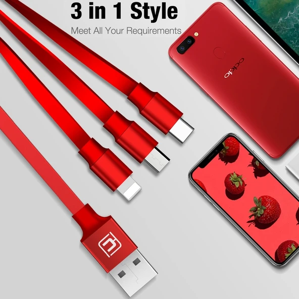 Cafele 3 in 1 Şarj ve Data Kablosu 8 Pin Micro USB Type C USB C Kırmızı 1.2 Metre - 8