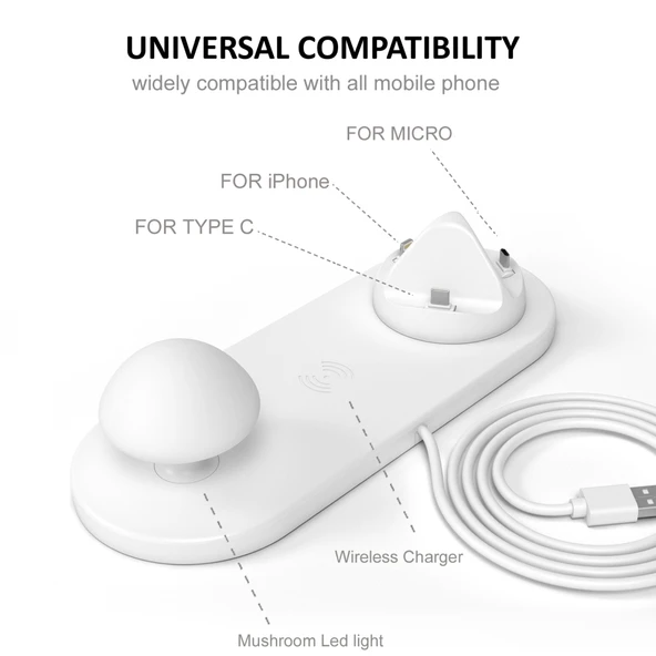 HQ UD11 10W 4 in 1 Hızlı Kablosuz Şarj Cihazı Beyaz Mantar LED Işıklı ve Telefon Tutuculu 1.2m Kablo - 4