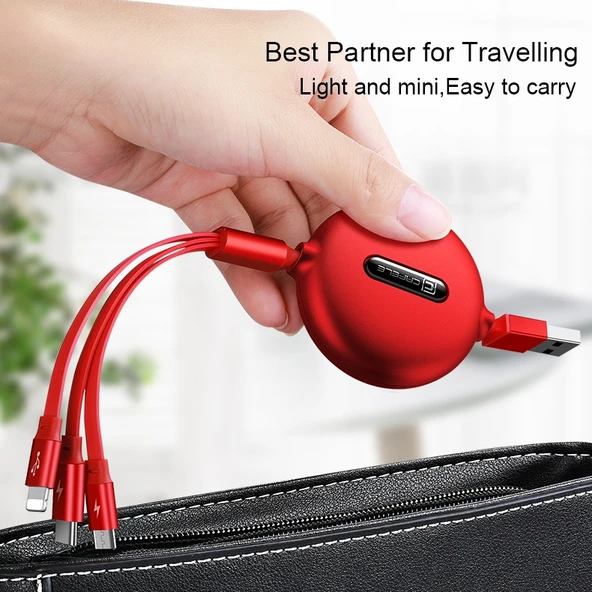 Cafele 3 in 1 Şarj ve Data Kablosu 8 Pin Micro USB Type C USB C Kırmızı 1.2 Metre - 7