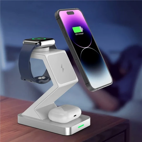 X3 15W 3 in 1 Manyetik Kablosuz Şarj Cihazı iPhone Apple Watch AirPods Siyah - 6