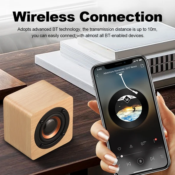 Q1 Ahşap Mini Taşınabilir Mega Bas Kablosuz Bluetooth Hoparlör Sarı - 9