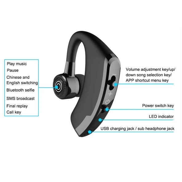 V9 İş Bluetooth Kulaklık Kablosuz Mikrofonlu Siyah - 4