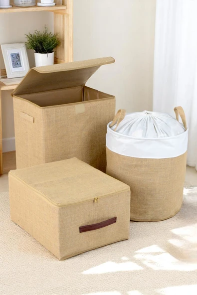 İronika Jüt Kumaş Dolap İçi Organizer Oyuncak Kutusu Eşya Çamaşır Saklama Sepeti Düzenleyici Kutu 3lü Set ürün görseli