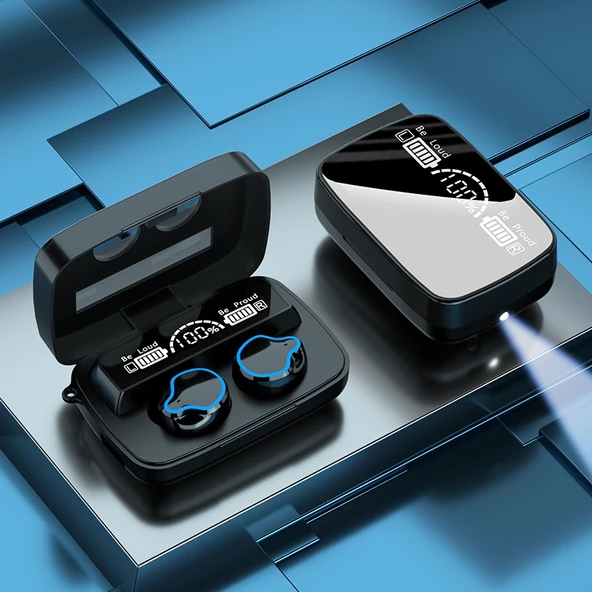 M9 Bluetooth 51 TWS Dijital Ekranlı Kablosuz Bluetooth Kulaklık Şarj Kutulu Fenerli Siyah